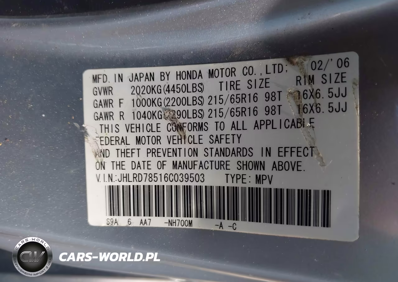 2006 Honda Cr-V Lx VIN:JHLRD78516C039503 - 9