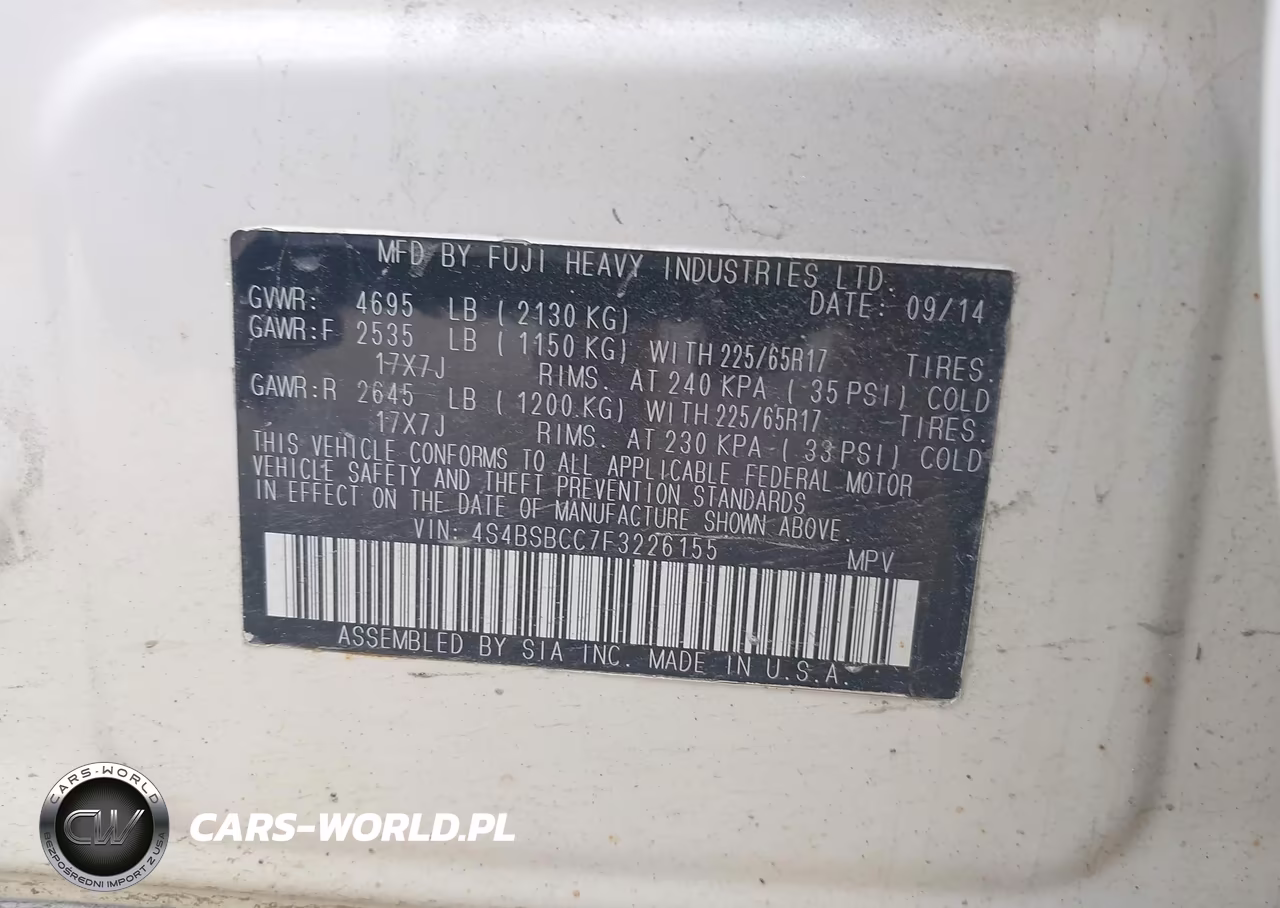 2015 Subaru Outback 2.5I Premium VIN:4S4BSBCC7F3226155 - 9