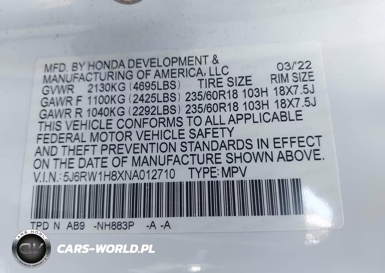 2022 Honda Cr-V 2Wd Ex-L VIN:5J6RW1H8XNA012710 - 9