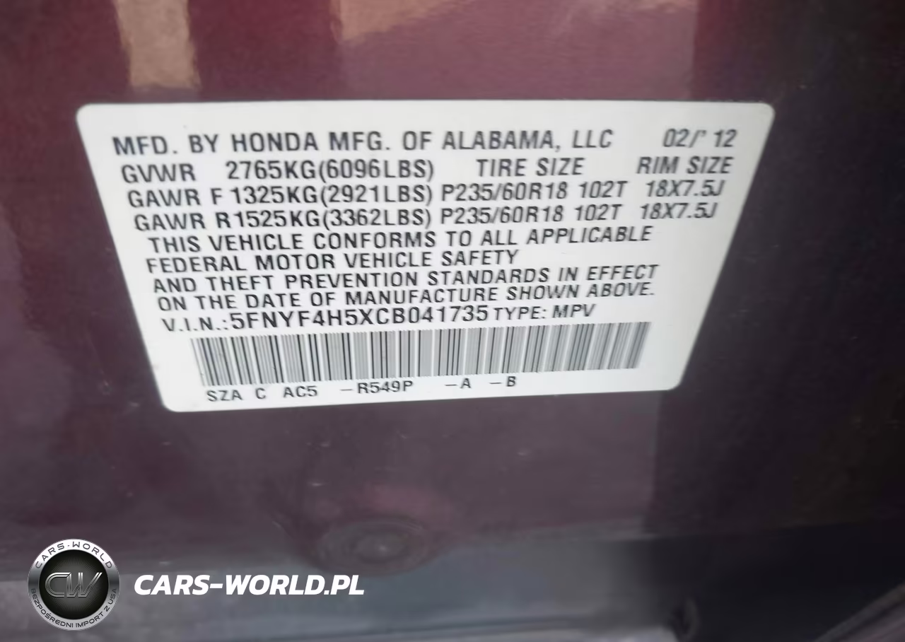 2012 Honda Pilot Ex-L VIN:5FNYF4H5XCB041735 - 9