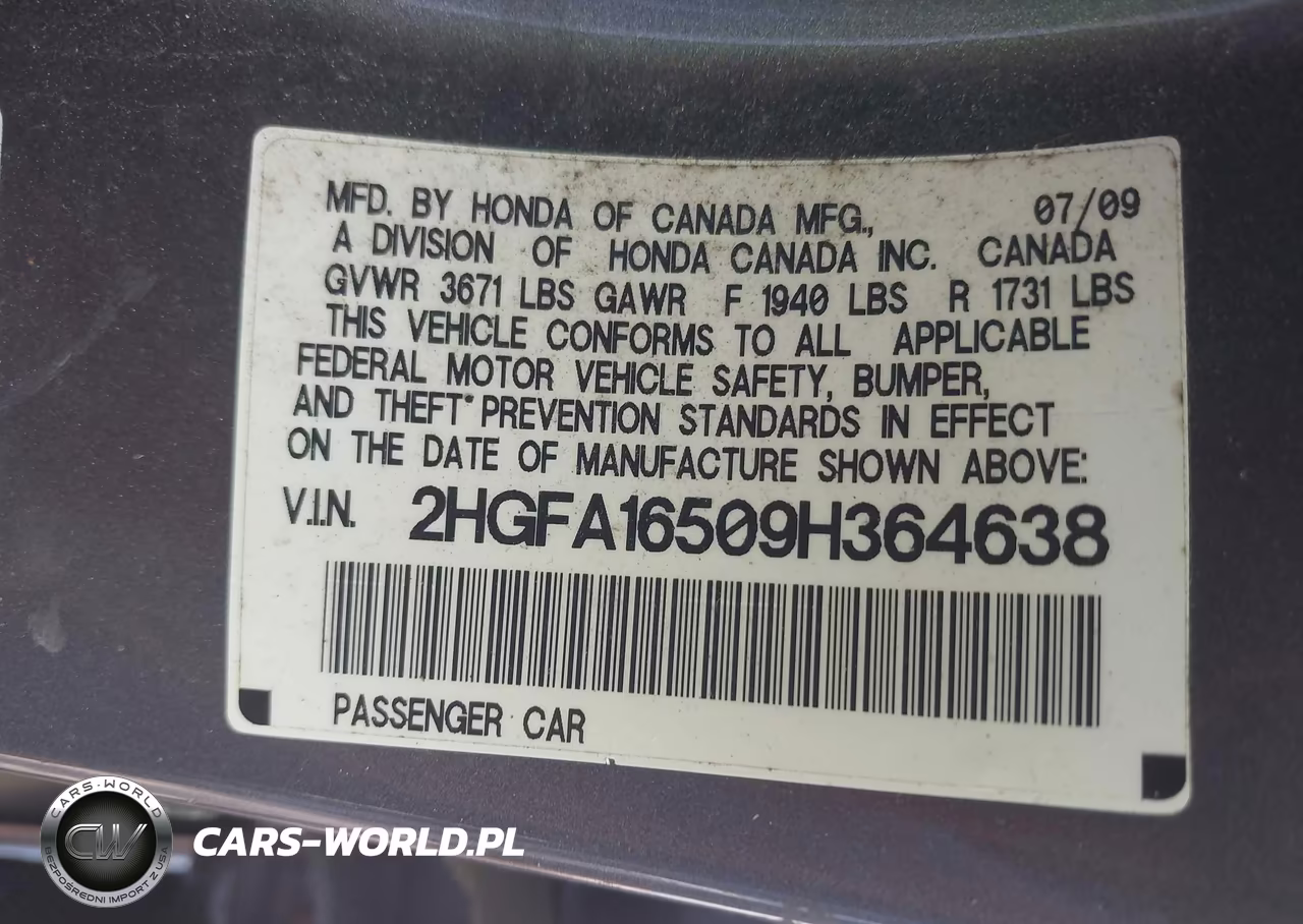 2009 Honda Civic Lx VIN:2HGFA16509H364638 - 9