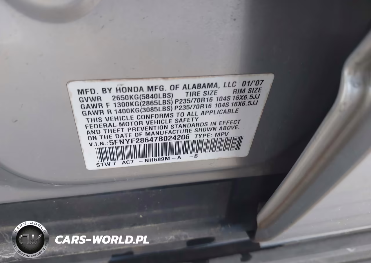 2007 Honda Pilot Ex-L VIN:5FNYF28647B024206 - 9