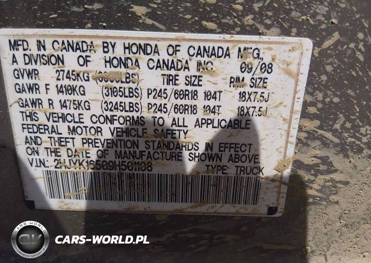 2009 Honda Ridgeline Rtl VIN:2HJYK16509H501108 - 9