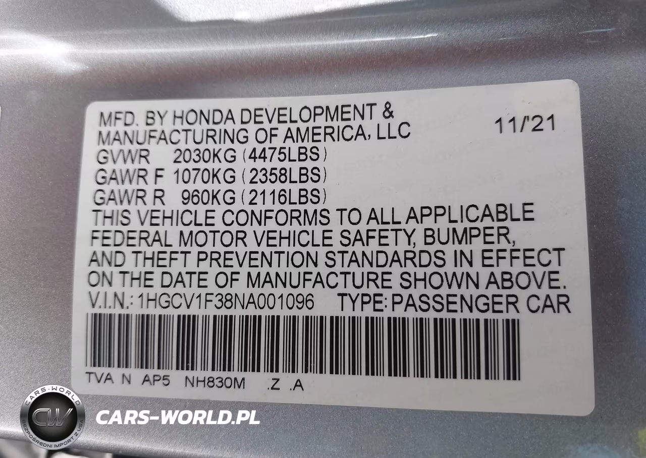2022 Honda Accord Sport VIN:1HGCV1F38NA001096 - 9
