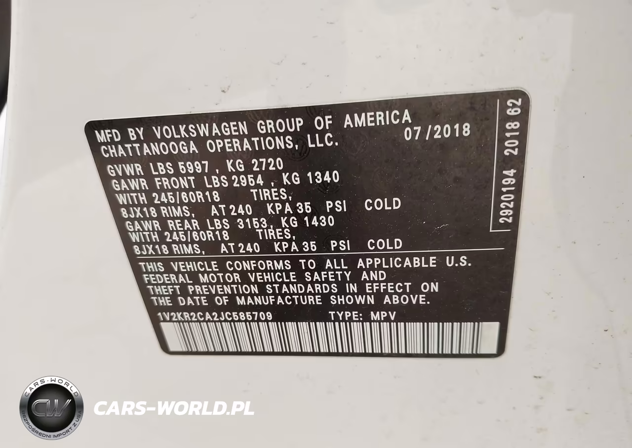 2018 Volkswagen Atlas 3.6L V6 Se VIN:1V2KR2CA2JC585709 - 9