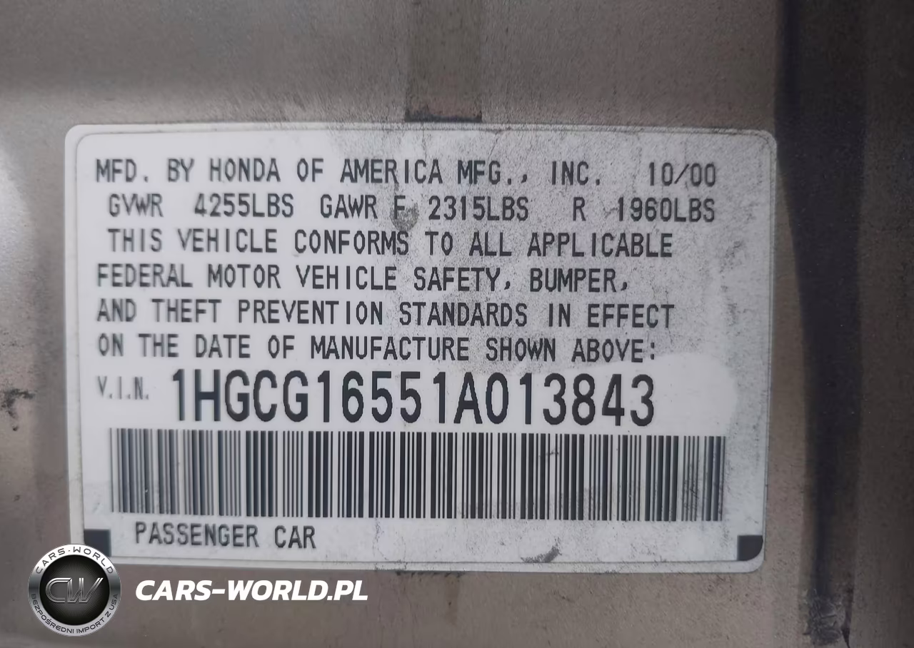 2001 Honda Accord 3.0 Ex VIN:1HGCG16551A013843 - 9