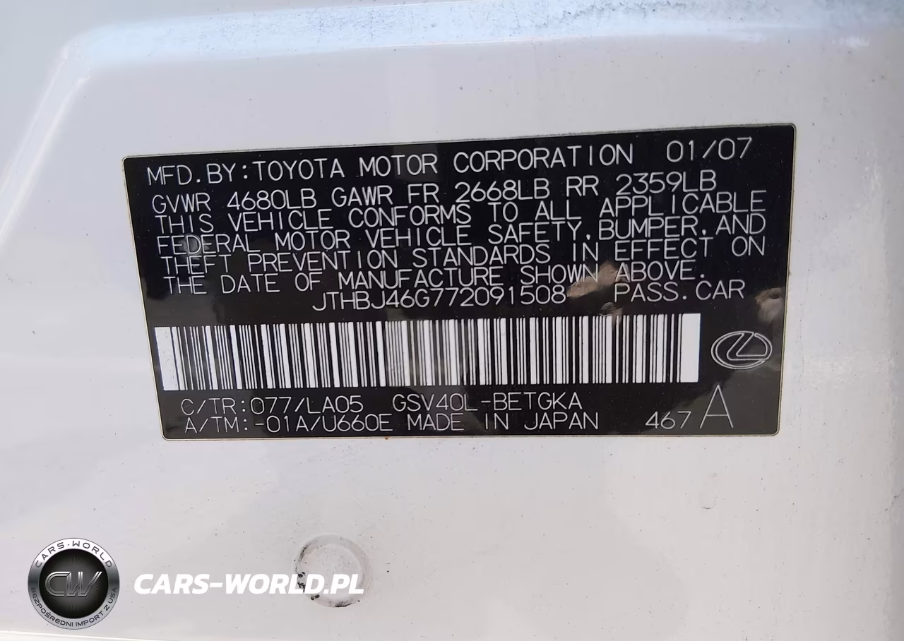 2007 Lexus Es 350 VIN:JTHBJ46G772091508 - 9