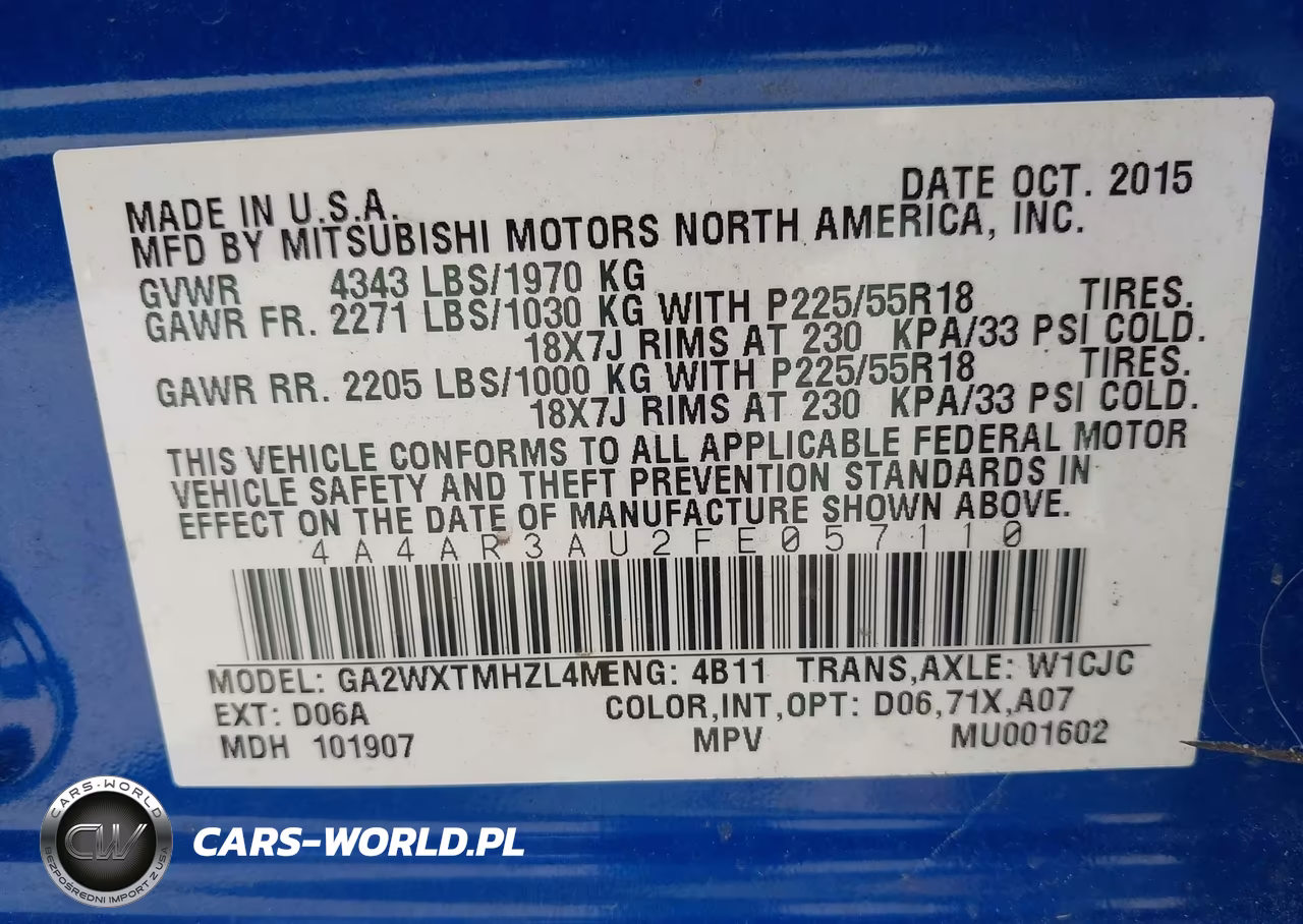2015 Mitsubishi Outlander Sport Es VIN:4A4AR3AU2FE057110 - 9