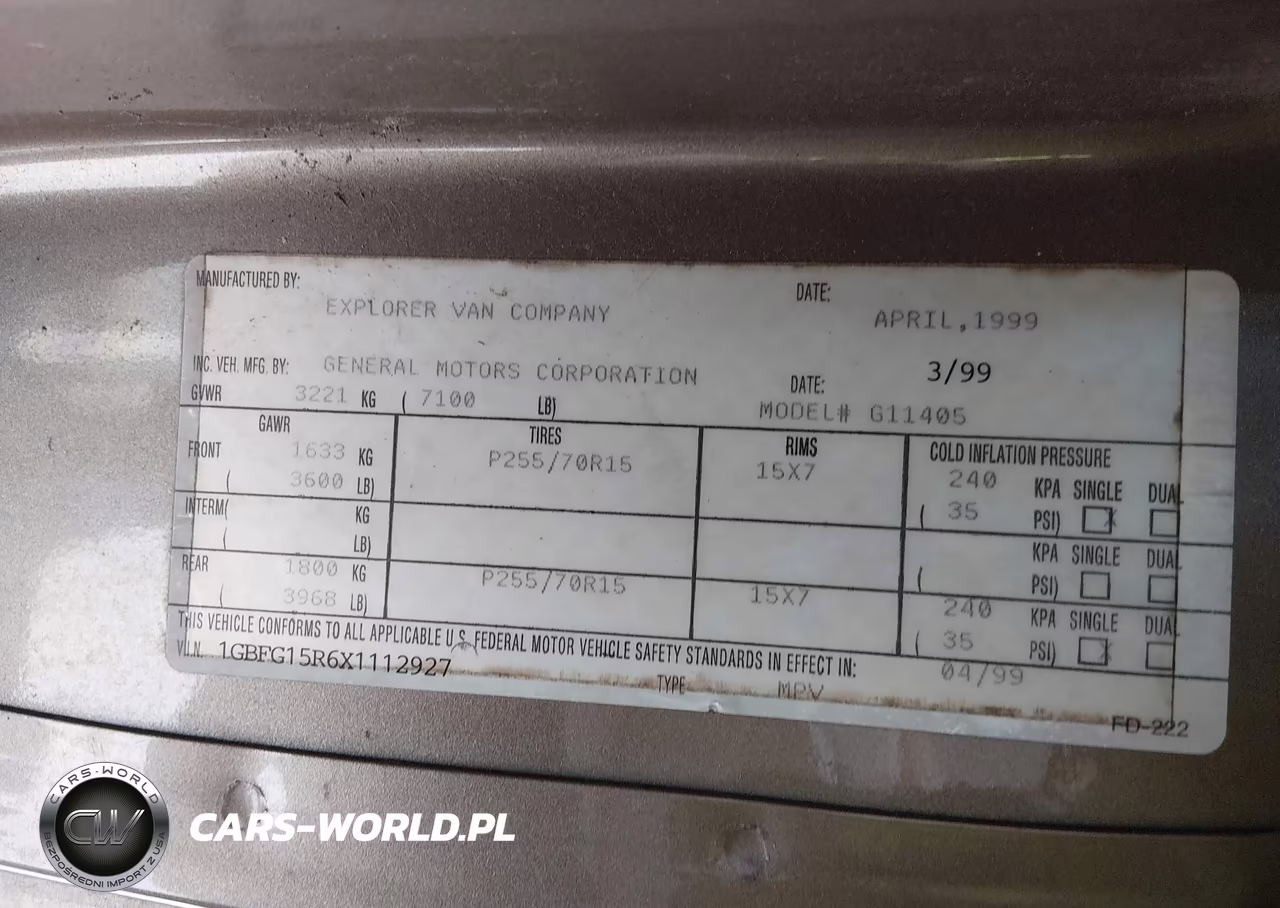 1999 Chevrolet Express Van VIN:1GBFG15R6X1112927 - 9