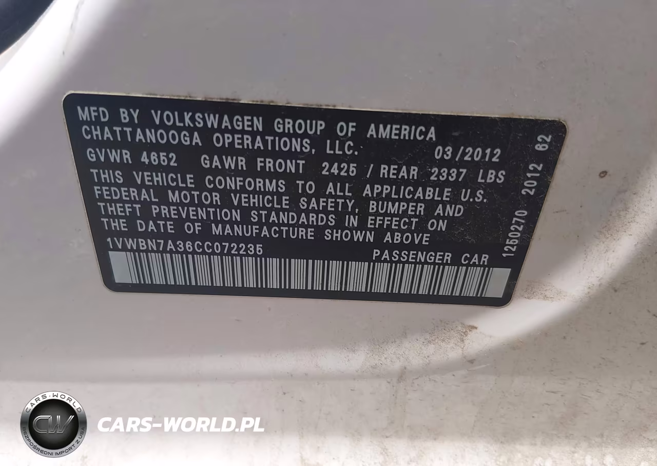 2012 Volkswagen Passat 2.0L Tdi Se VIN:1VWBN7A36CC072235 - 9