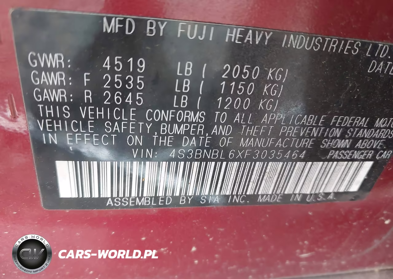 2015 Subaru Legacy 2.5I Limited VIN:4S3BNBL6XF3035464 - 9
