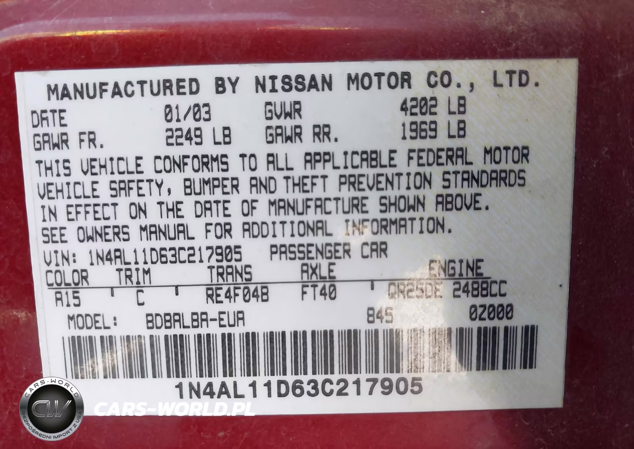 2003 Nissan Altima 2.5 S VIN:1N4AL11D63C217905 - 9