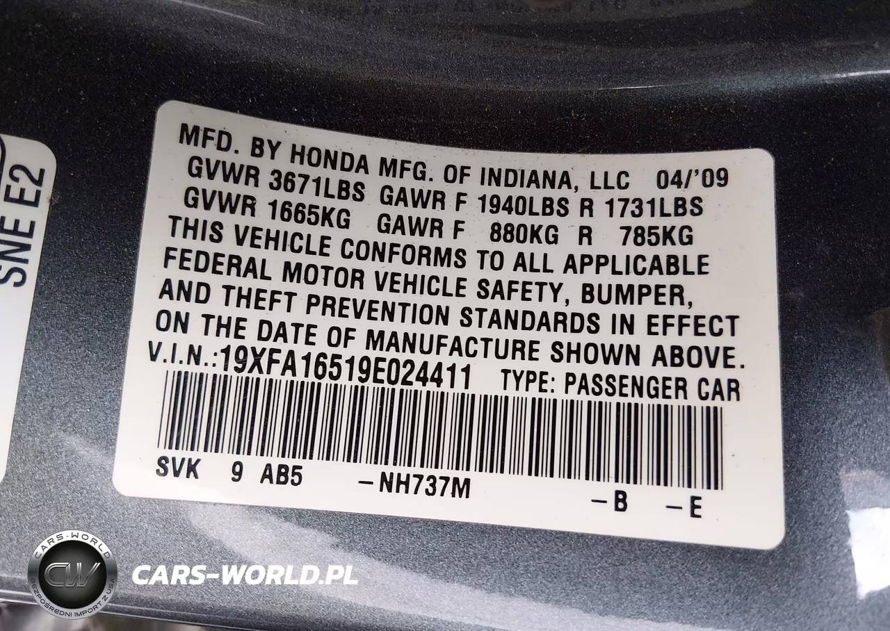 2009 Honda Civic Lx VIN:19XFA16519E024411 - 9
