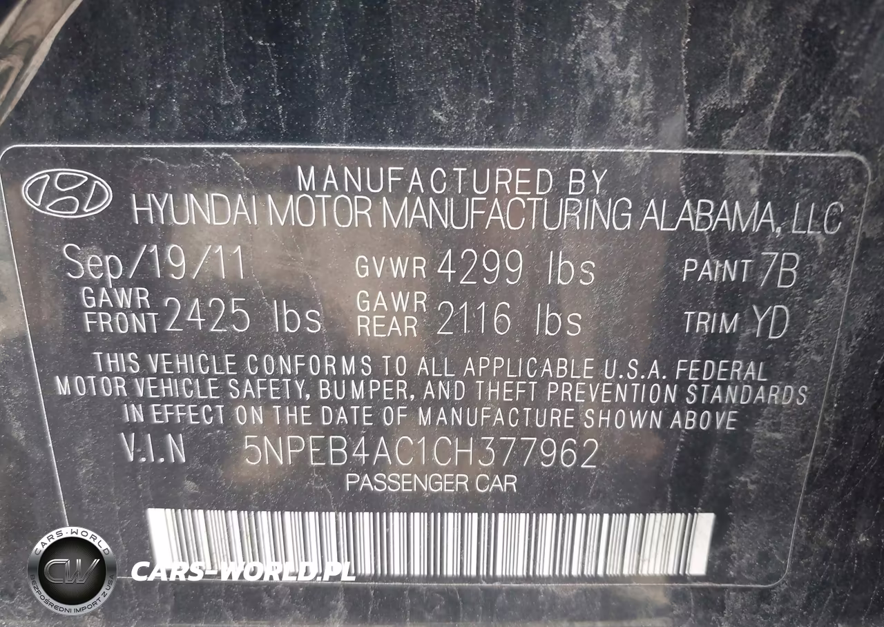 2012 Hyundai Sonata Gls VIN:5NPEB4AC1CH377962 - 9