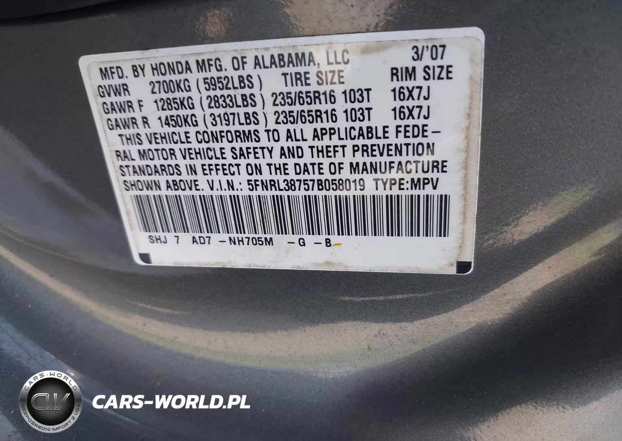 2007 Honda Odyssey Ex-L VIN:5FNRL38757B058019 - 9