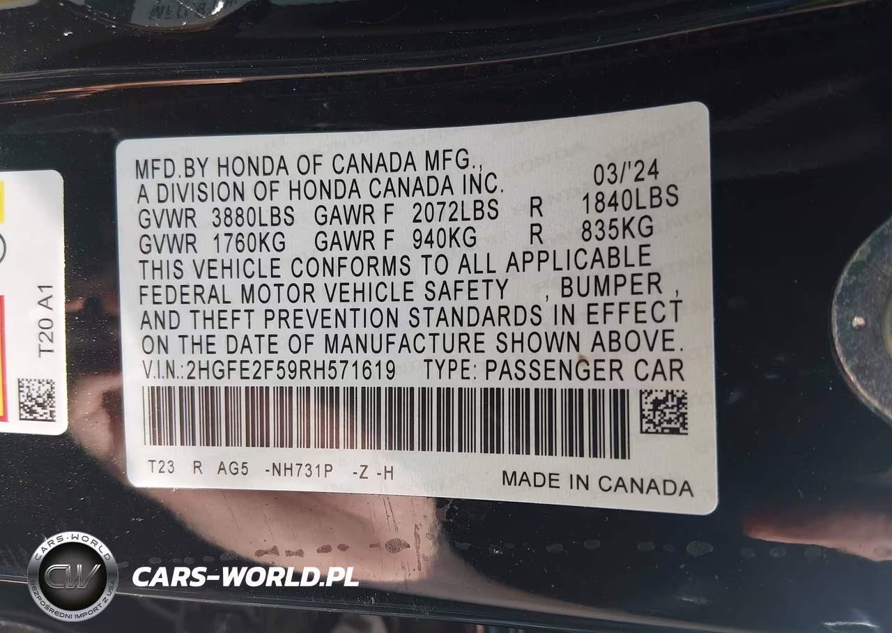 2024 Honda Civic Sport VIN:2HGFE2F59RH571619 - 9