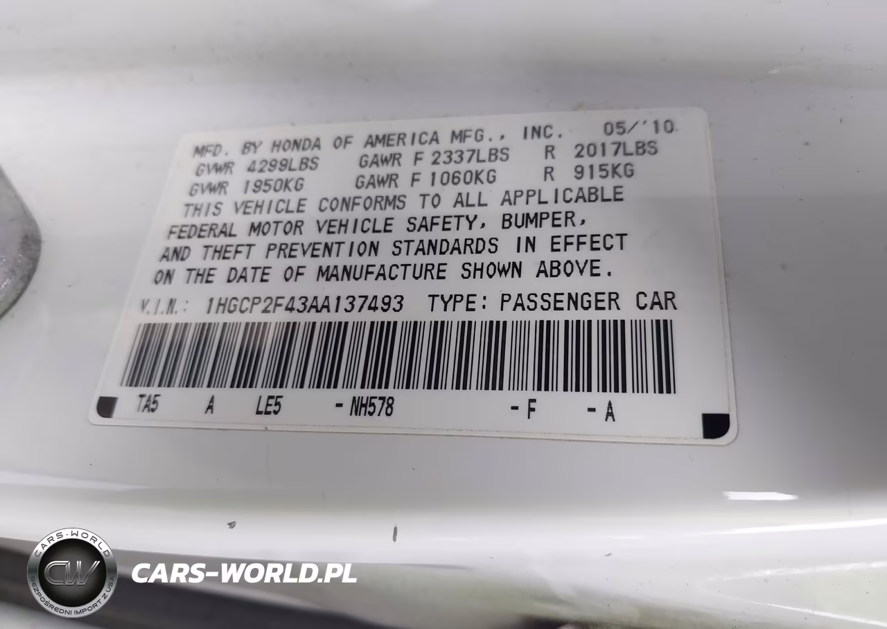 2010 Honda Accord 2.4 Lx-P VIN:1HGCP2F43AA137493 - 9