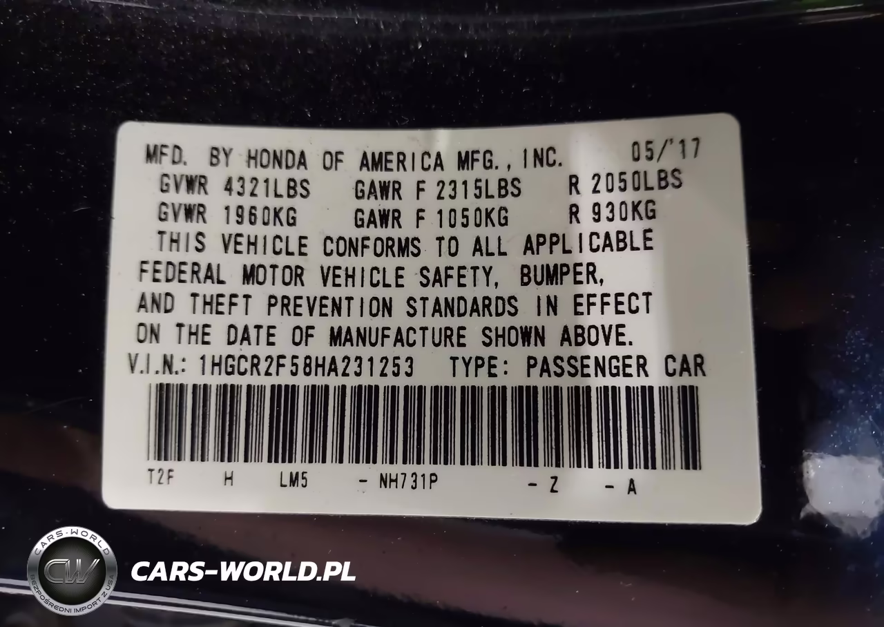 2017 Honda Accord Sport VIN:1HGCR2F58HA231253 - 9