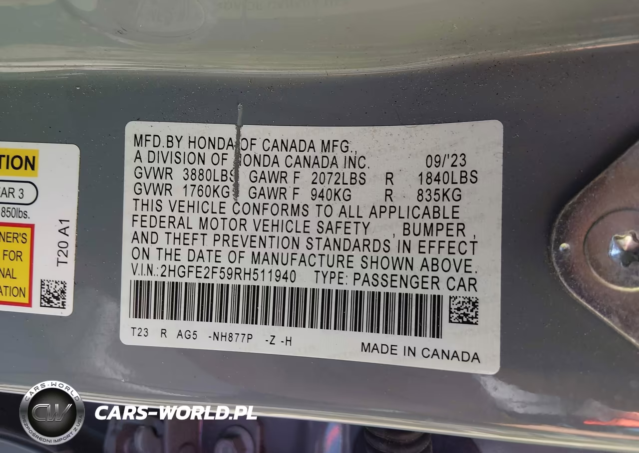 2024 Honda Civic Sport VIN:2HGFE2F59RH511940 - 9