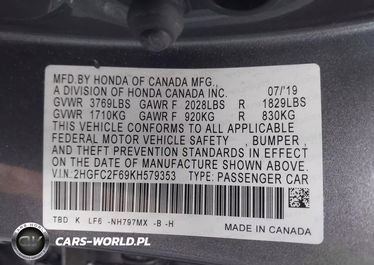2019 Honda Civic Lx VIN:2HGFC2F69KH579353 - 9