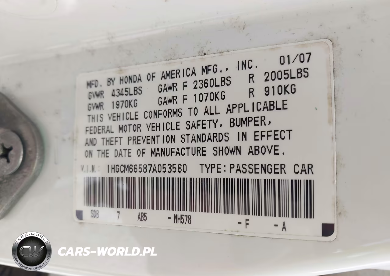 2007 Honda Accord 3.0 Ex VIN:1HGCM66587A053560 - 9