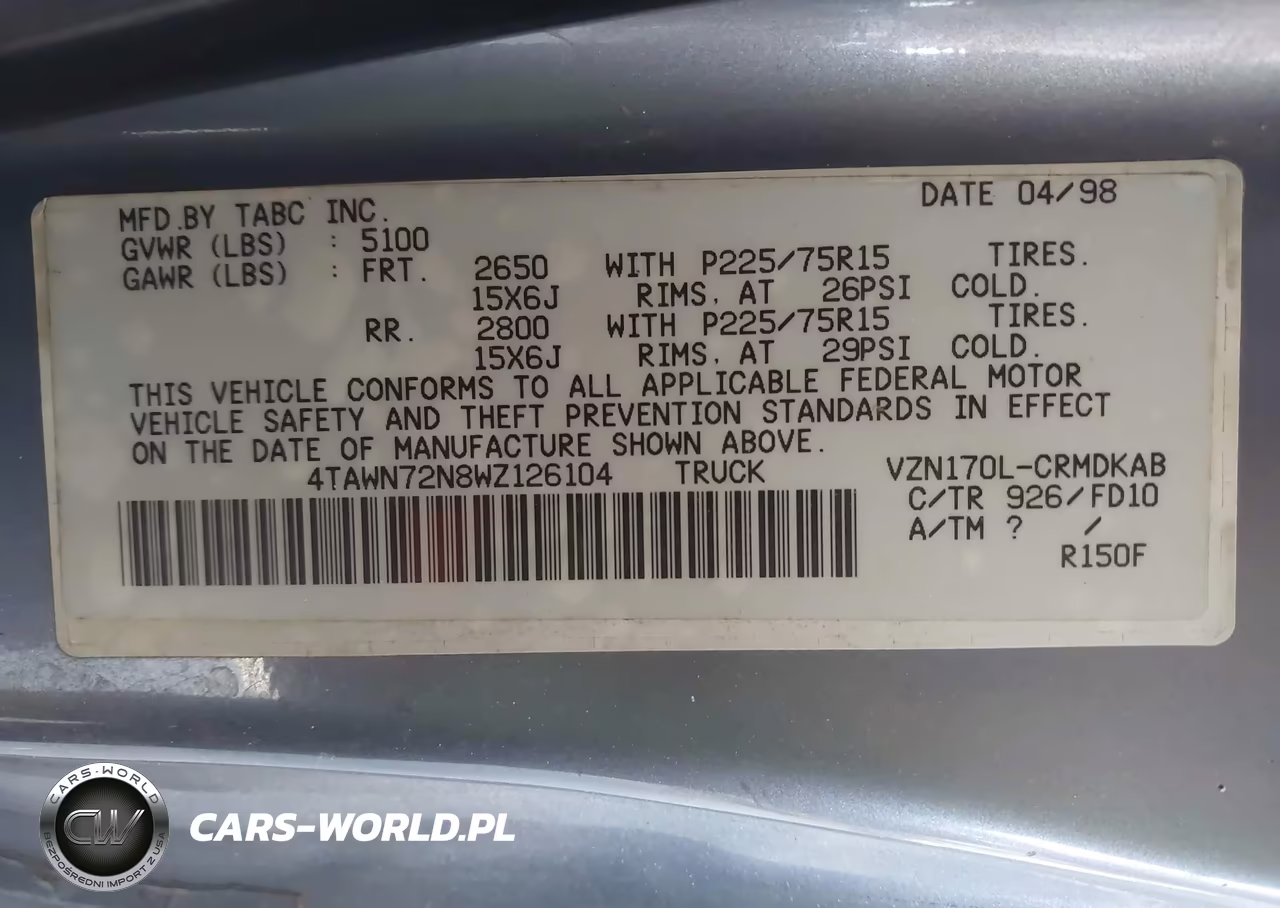 1998 Toyota Tacoma Base V6 VIN:4TAWN72N8WZ126104 - 9