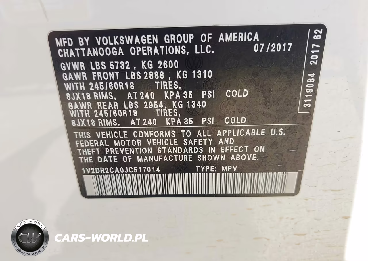 2018 Volkswagen Atlas 3.6L V6 Se-3.6L V6 Se W-Technology VIN:1V2DR2CA0JC517014 - 9
