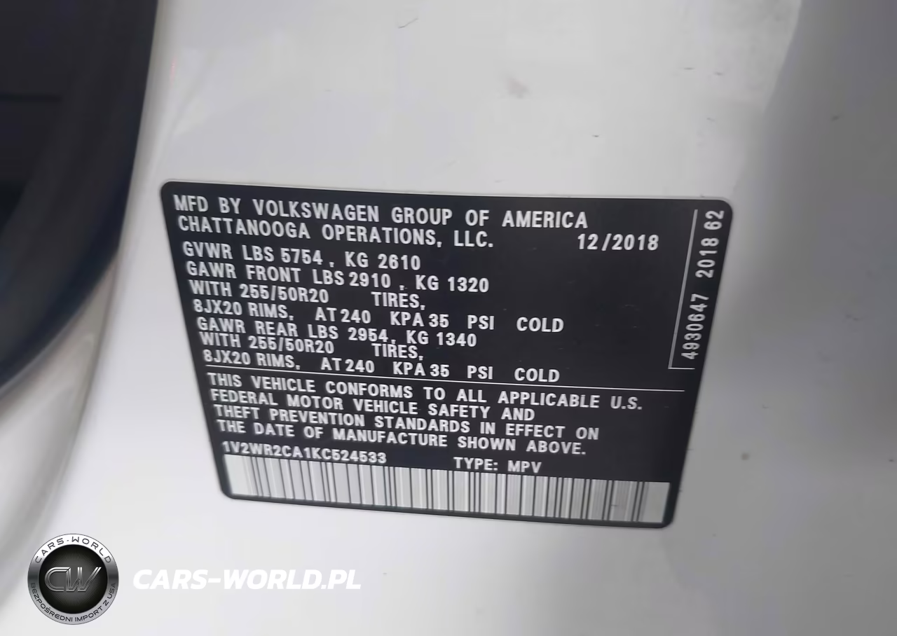 2019 Volkswagen Atlas 3.6L V6 Se W-Technology VIN:1V2WR2CA1KC524533 - 9