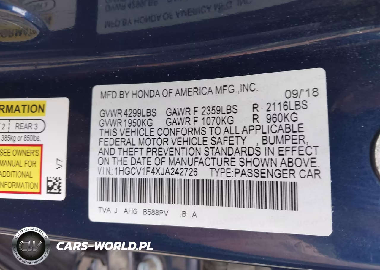 2018 Honda Accord Ex VIN:1HGCV1F4XJA242726 - 9