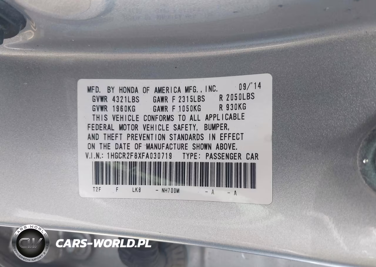 2015 Honda Accord Ex-L VIN:1HGCR2F8XFA030719 - 9