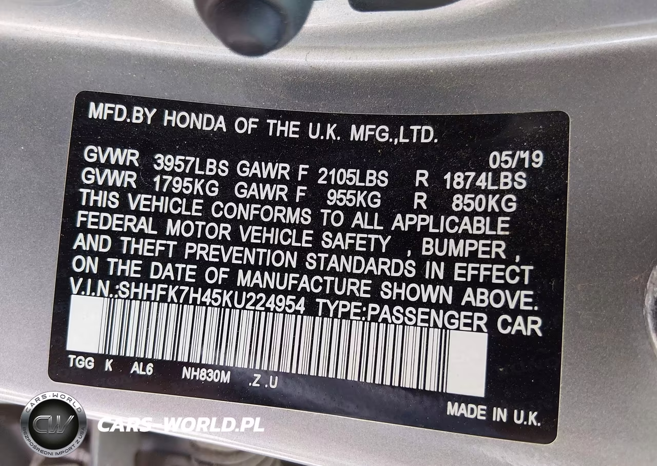 2019 Honda Civic Sport VIN:SHHFK7H45KU224954 - 9