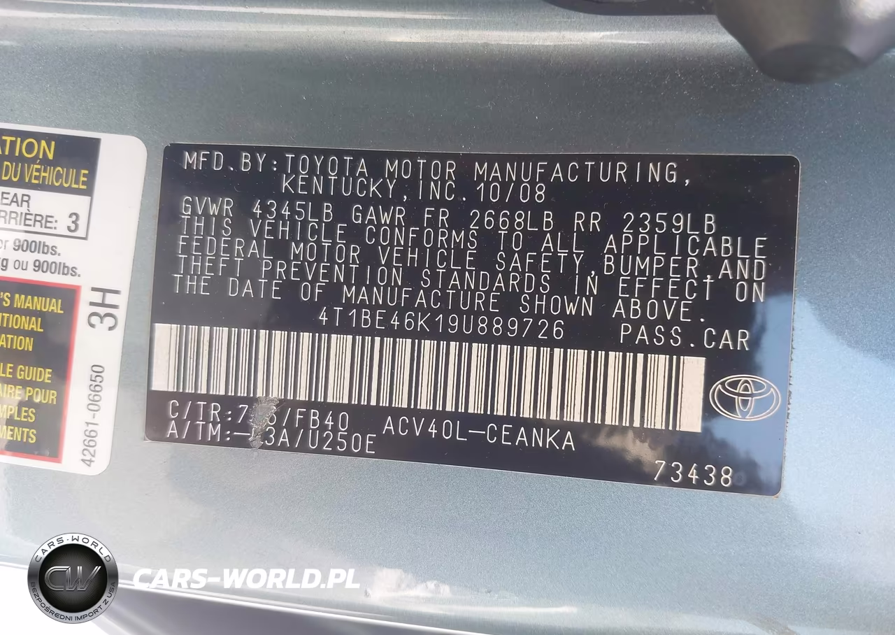 2009 Toyota Camry Le VIN:4T1BE46K19U889726 - 9