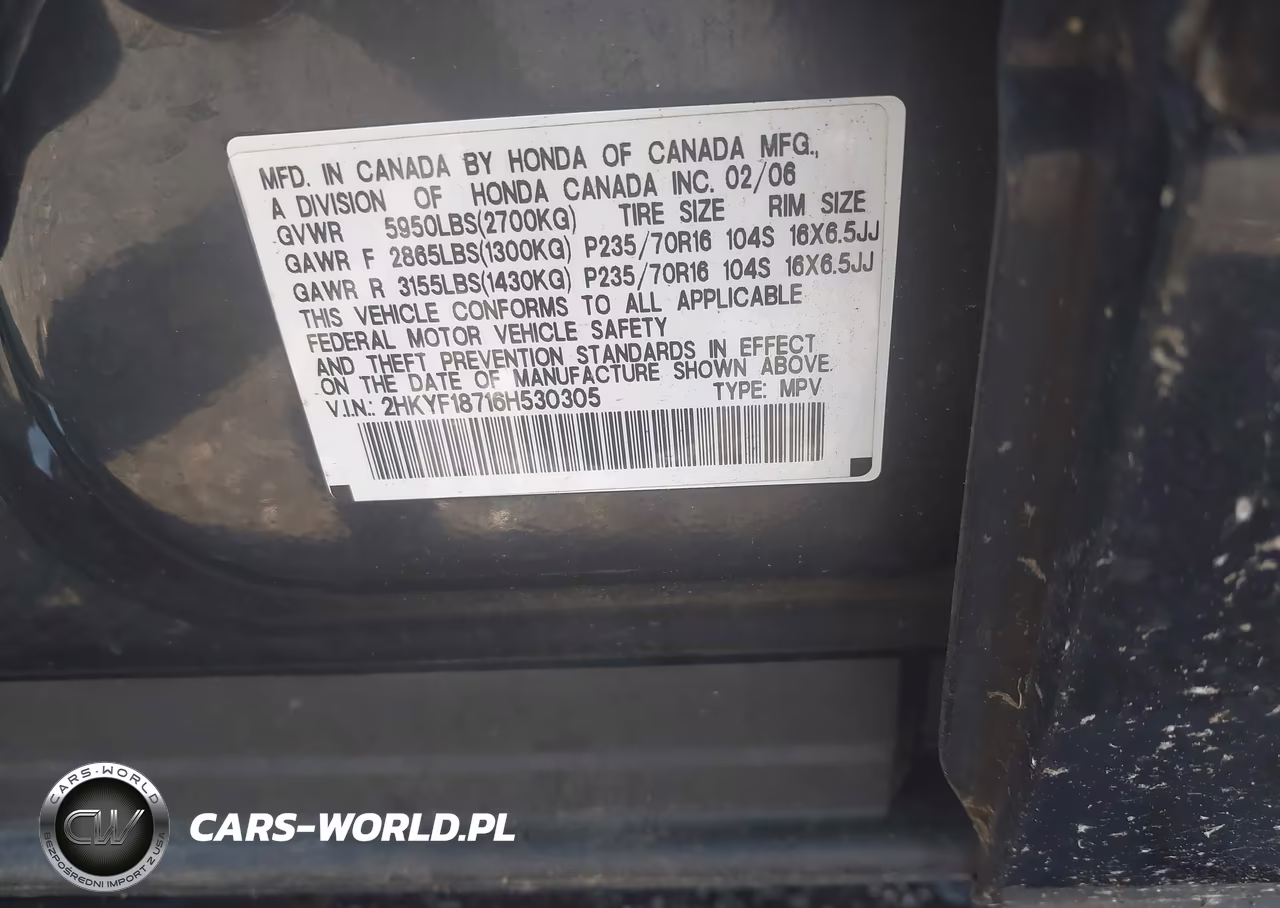 2006 Honda Pilot Ex-L VIN:2HKYF18716H530305 - 9