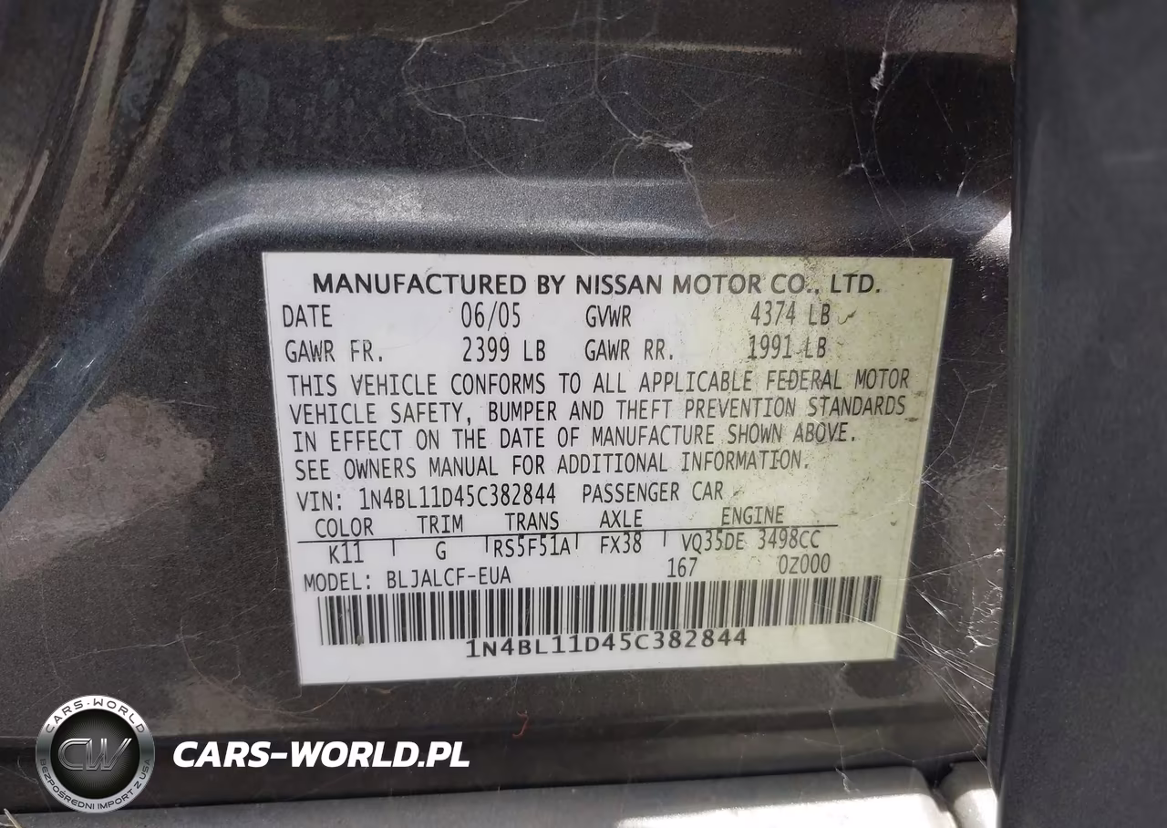 2005 Nissan Altima 3.5 Se VIN:1N4BL11D45C382844 - 9