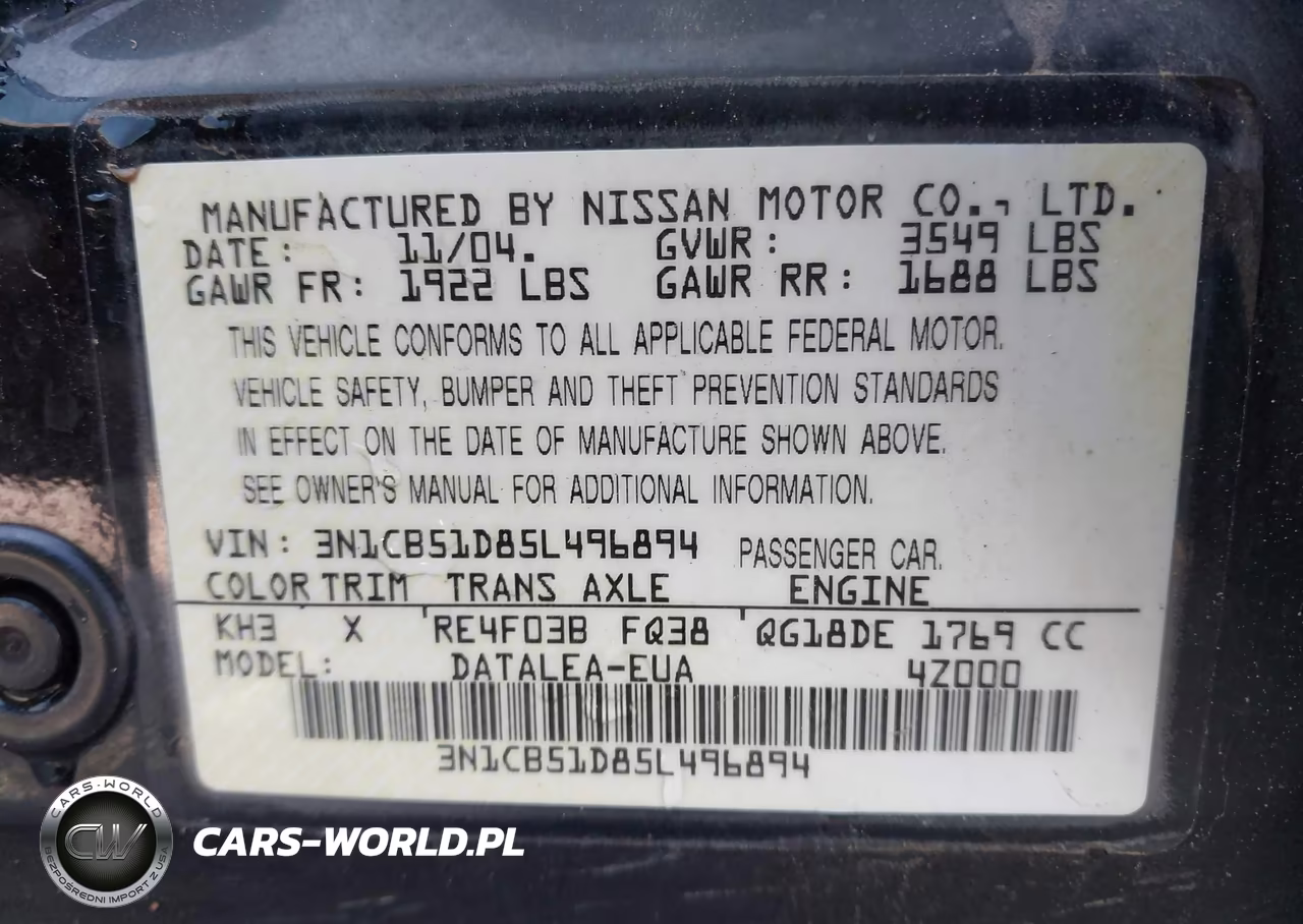 2005 Nissan Sentra 1.8S VIN:3N1CB51D85L496894 - 9