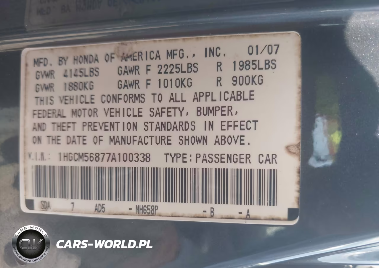 2007 Honda Accord 2.4 Ex VIN:1HGCM56877A100338 - 9