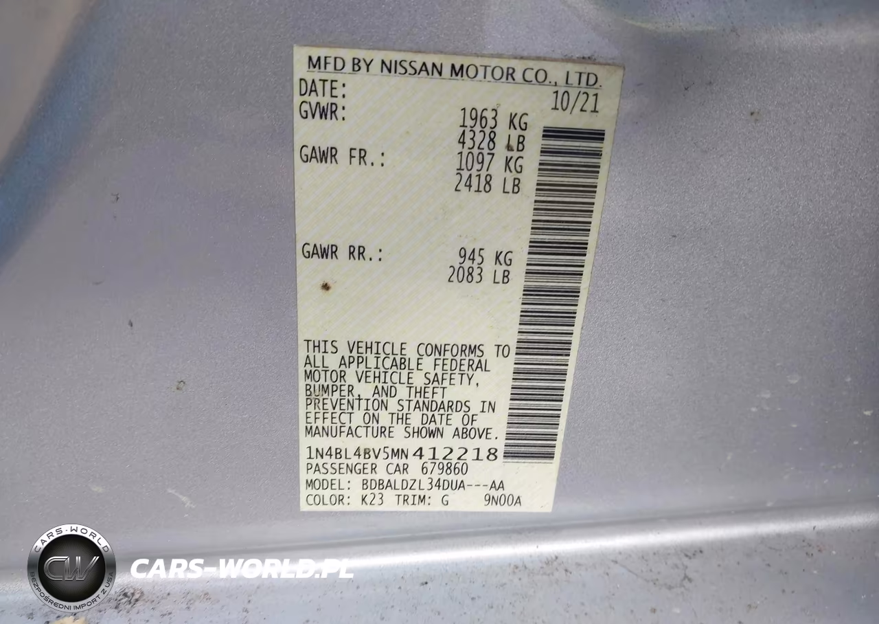 2021 Nissan Altima S Fwd VIN:1N4BL4BV5MN412218 - 9