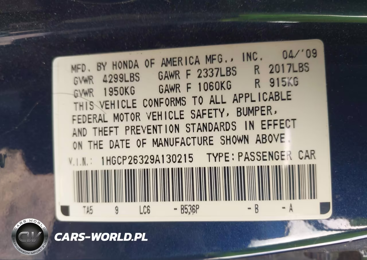 2009 Honda Accord 2.4 Lx VIN:1HGCP26329A130215 - 9