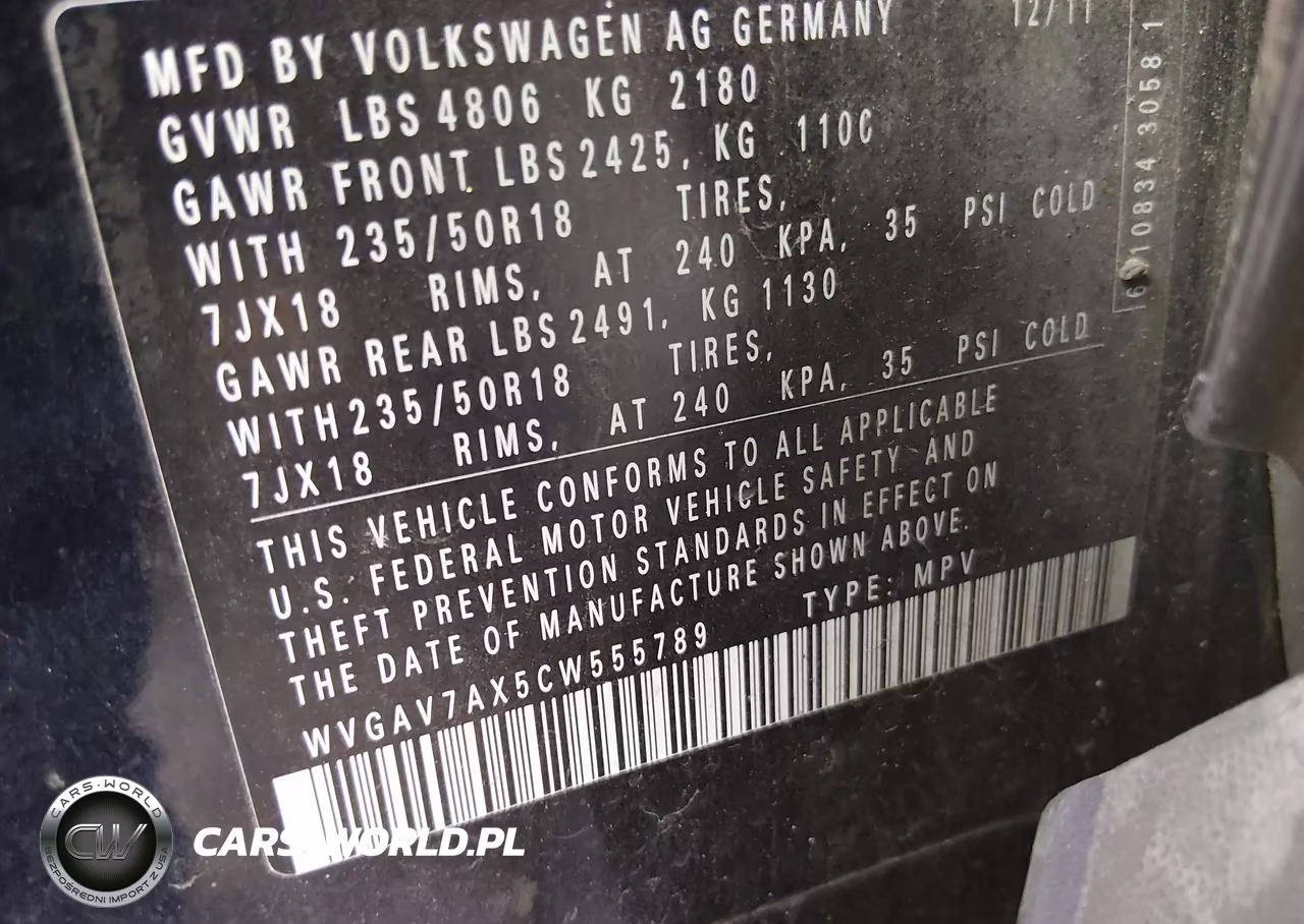 2012 Volkswagen Tiguan Se VIN:WVGAV7AX5CW555789 - 9