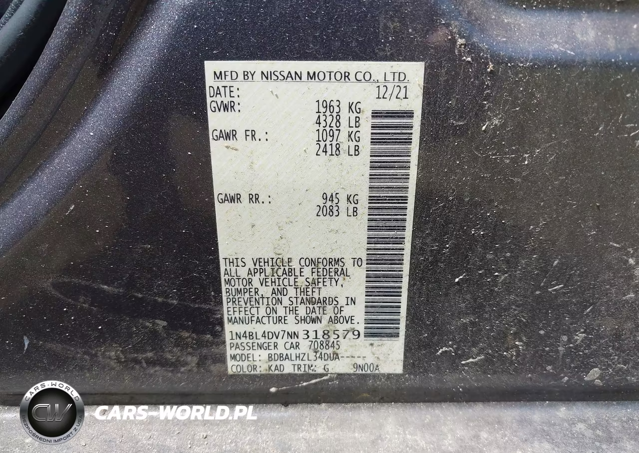 2022 Nissan Altima Sv Fwd VIN:1N4BL4DV7NN318579 - 9
