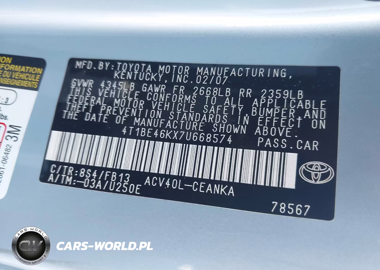 2007 Toyota Camry Le VIN:4T1BE46KX7U668574 - 9