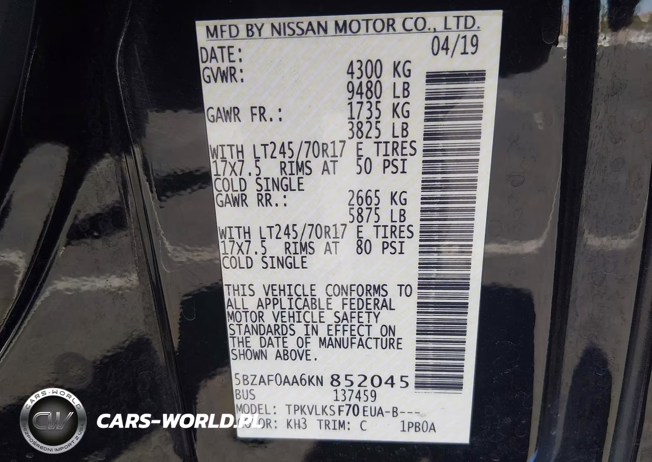 2019 Nissan Nv Passenger Nv3500 Hd Sl V8 VIN:5BZAF0AA6KN852045 - 9