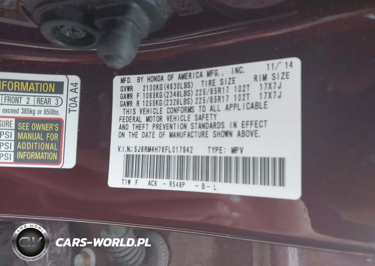 2015 Honda Cr-V Ex-L VIN:5J6RM4H76FL017942 - 9