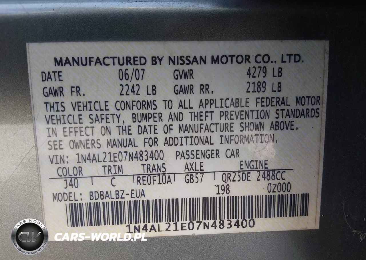 2007 Nissan Altima 2.5 S VIN:1N4AL21E07N483400 - 9