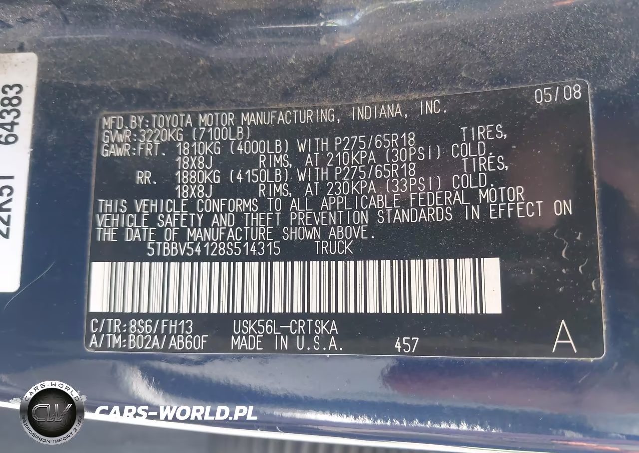 2008 Toyota Tundra Sr5 5.7L V8 VIN:5TBBV54128S514315 - 9