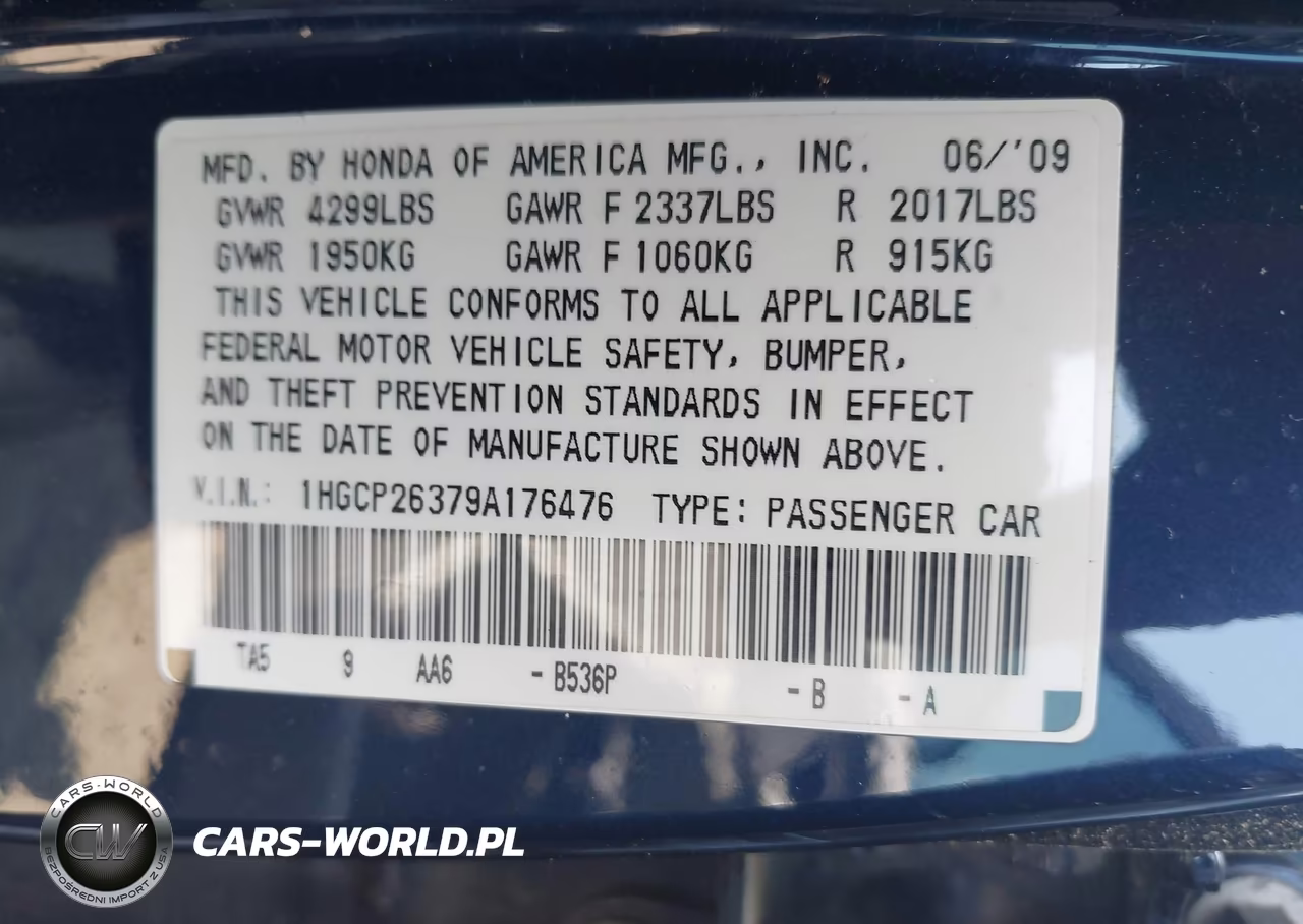 2009 Honda Accord 2.4 Lx VIN:1HGCP26379A176476 - 9