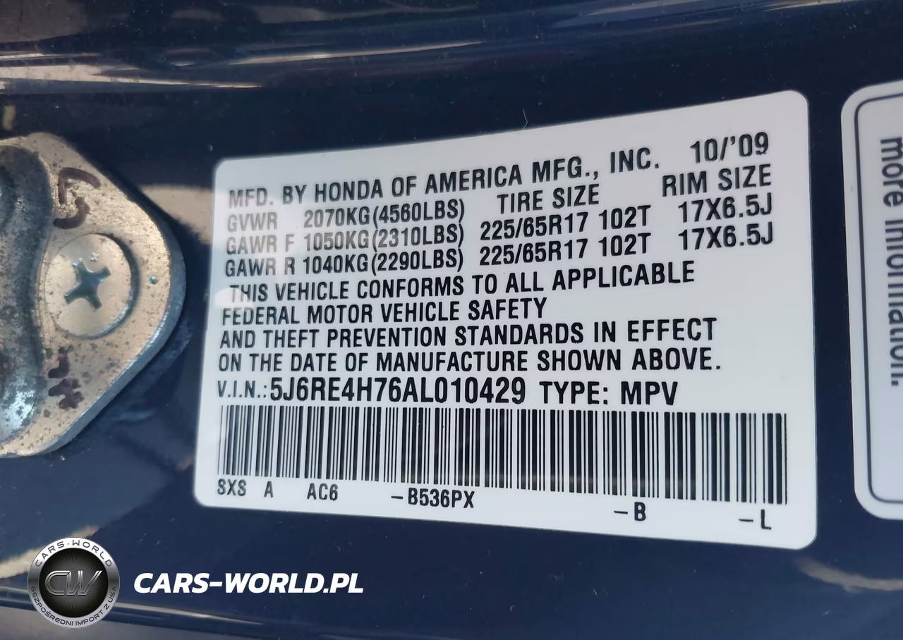 2010 Honda Cr-V Ex-L VIN:5J6RE4H76AL010429 - 9