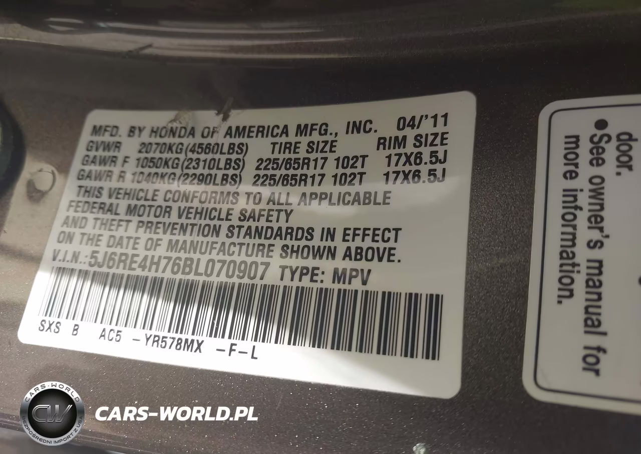 2011 Honda Cr-V Ex-L VIN:5J6RE4H76BL070907 - 9