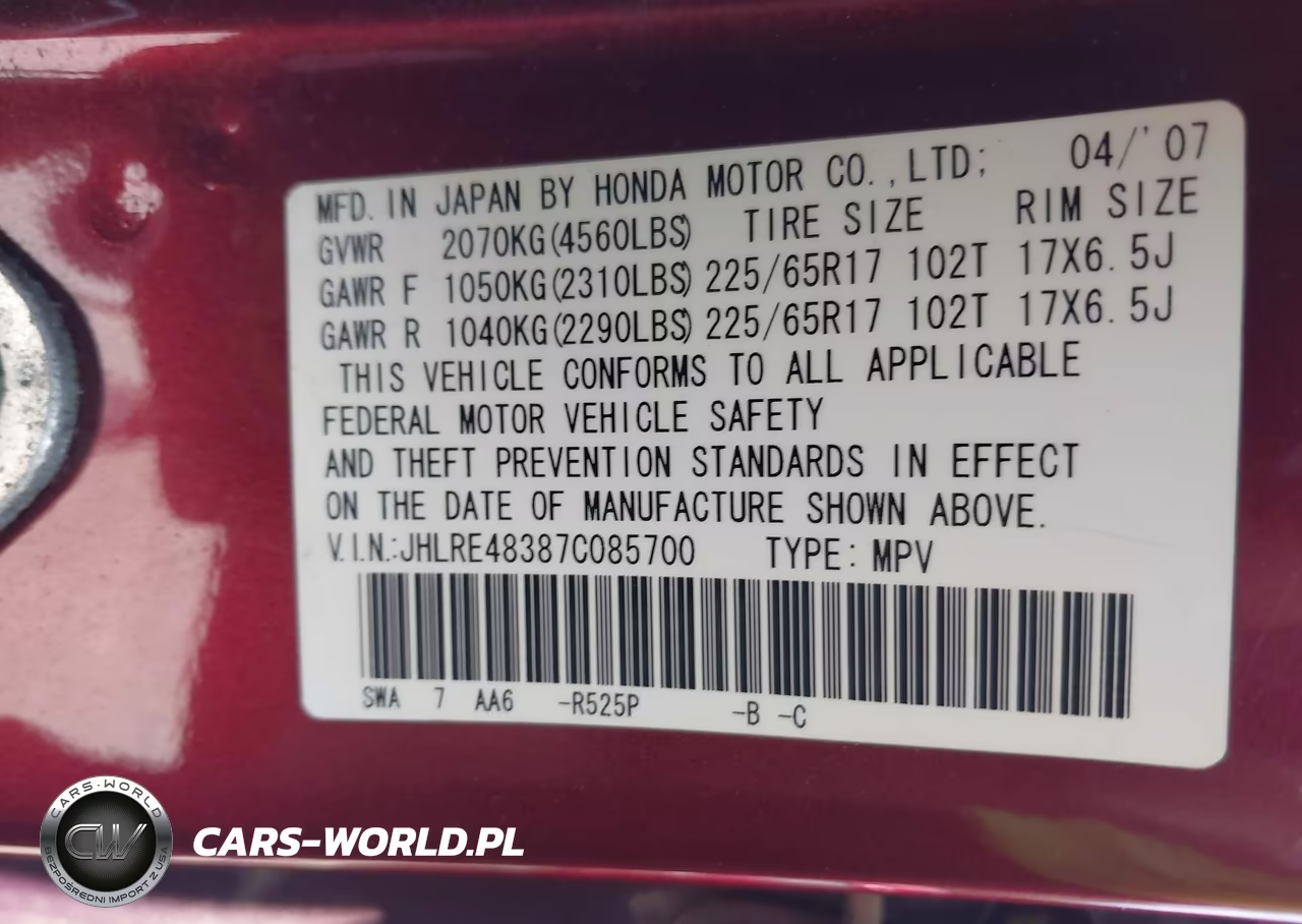2007 Honda Cr-V Lx VIN:JHLRE48387C085700 - 9