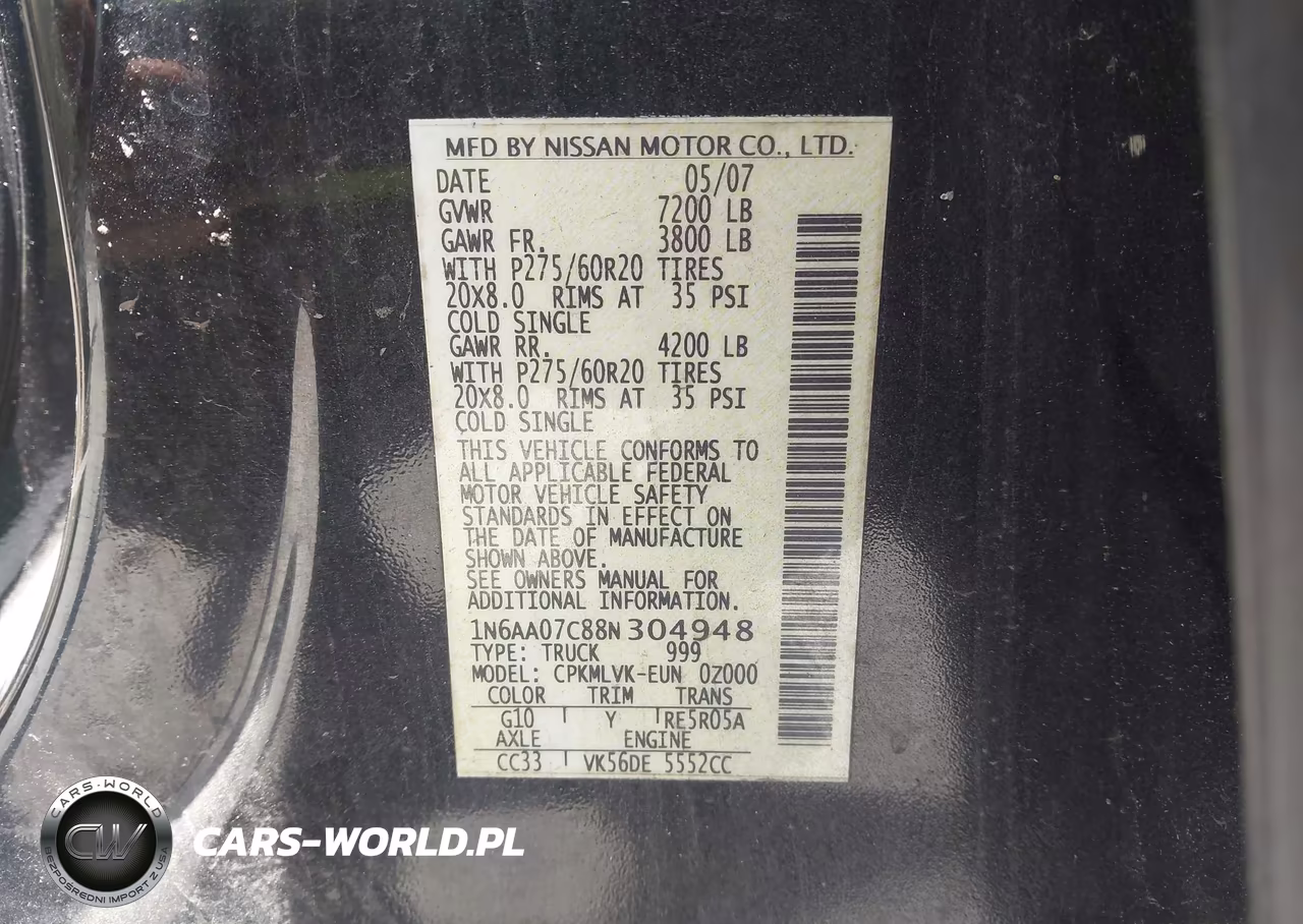 2008 Nissan Titan Le VIN:1N6AA07C88N304948 - 9